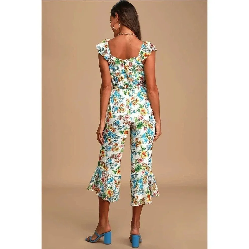 Ali & Jay The Avalon White Floral Print Ruffled Culotte Jumpsuit
